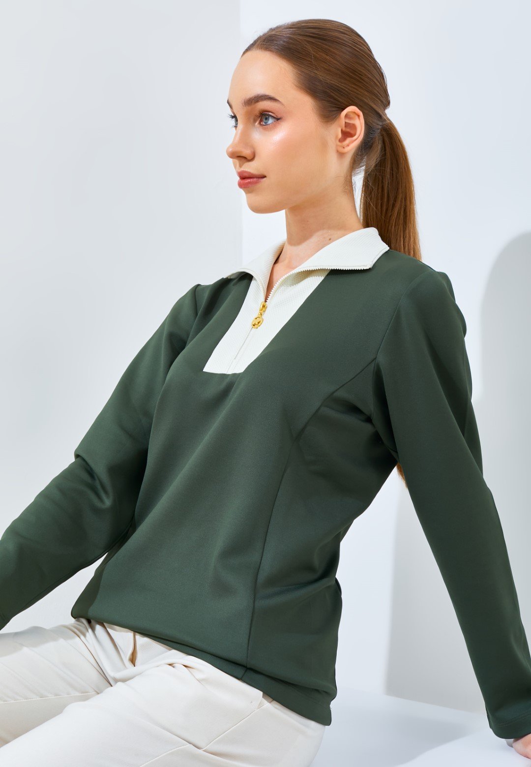 Jack Nicklaus Sharon Ladies Premium Contrast Collar Polo Virtual Olive - Image 4